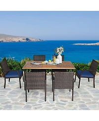 Gymax 7PCS Patio Dining Furniture Set Yard w/ Wooden Tabletop Navy Cushions