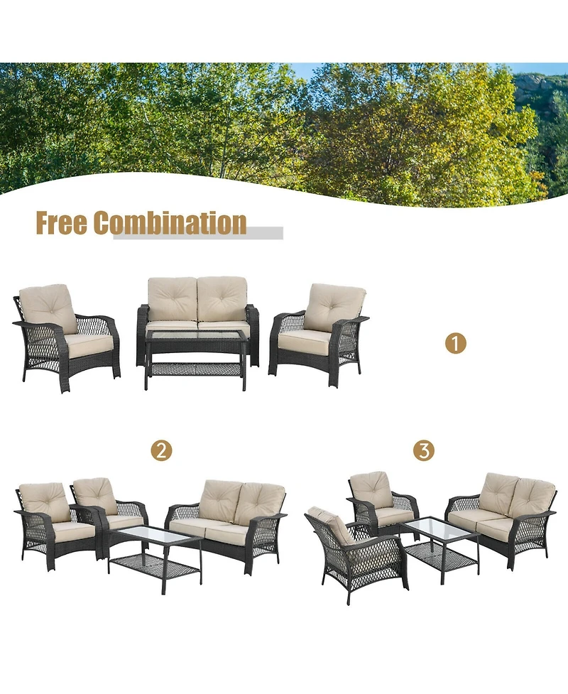 Gymax 4PCS Cushioned Patio Conversation Set Outdoor Rattan Furniture Set