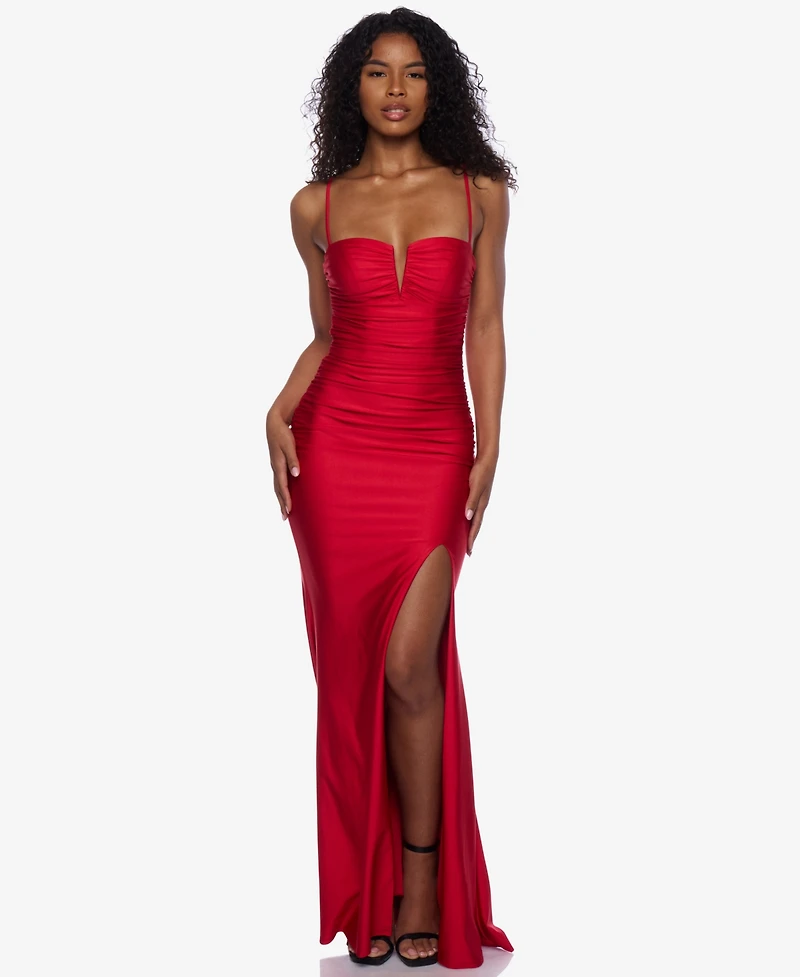 B Darlin Juniors' Notch-Neck Ruched Slit-Front Gown