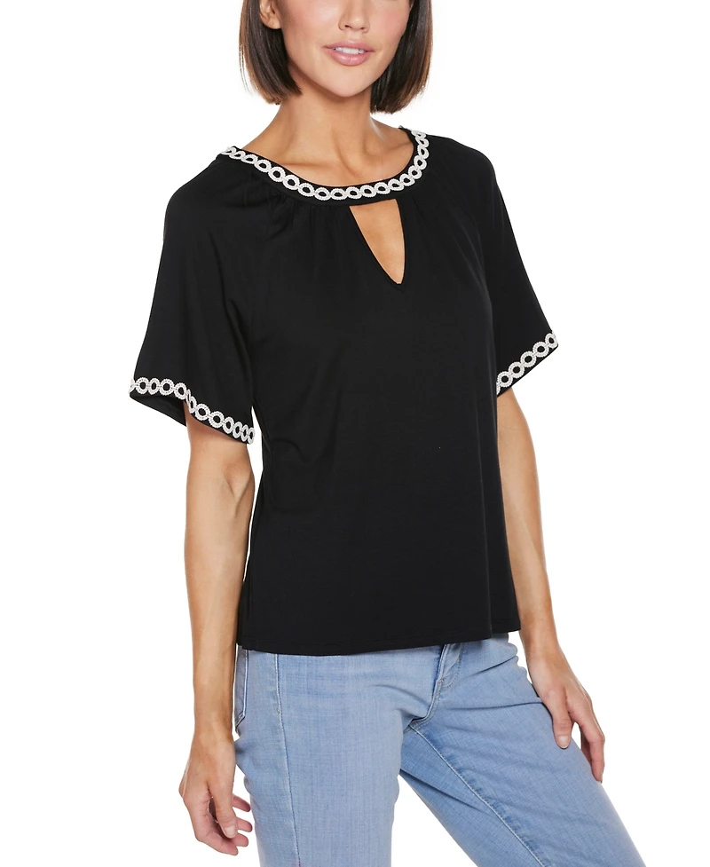 Belldini Women's Crochet Trim Short Sleeve Knit Top