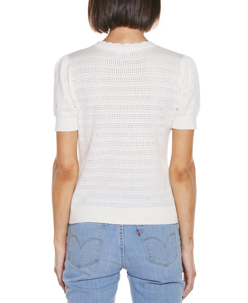 Belldini Women's Pointelle Scalloped Placket Cardigan Sweater
