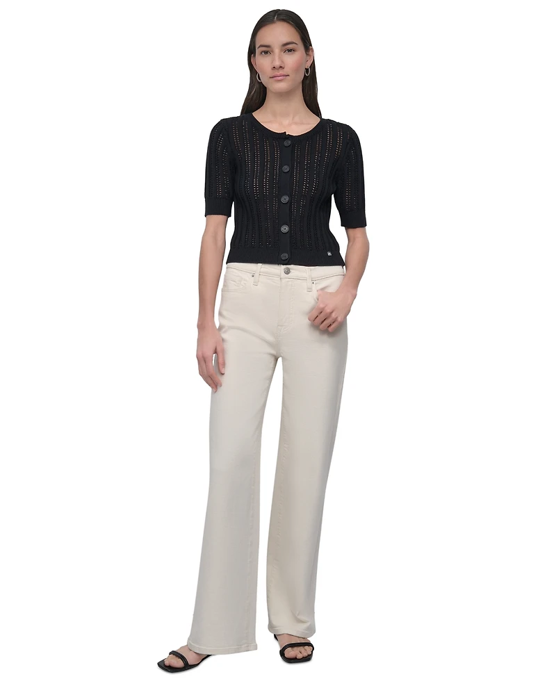 Dkny Jeans Women's Crewneck Short-Sleeve Cardigan Cable Pointelle Sweater - BLK