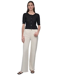 Dkny Jeans Women's Crewneck Short-Sleeve Cardigan Cable Pointelle Sweater - BLK