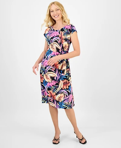 Connected Women's Printed Extended-Shoulder Midi Dress