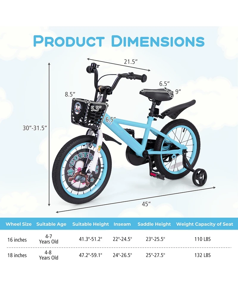 16 Inch Kids Bike Adjustable with Storage Basket and Double Brake for 4-8 Years Old