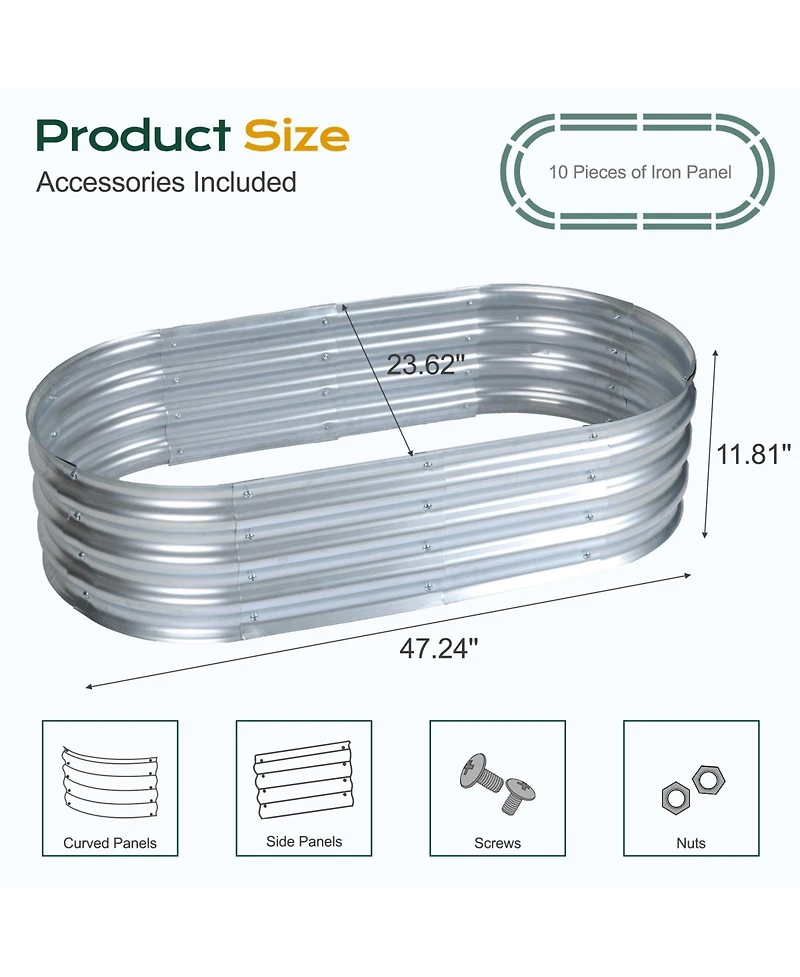 Aoodor Galvanized Raised Garden Bed Kit,47.24''(L) x 23.62''(W) x11.81''(H) Outdoor Garden Planter Oval Large Boxes for Vegetables, Flowers, Herbs