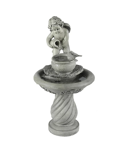 LuxenHome Gray Resin Cherub Birdbath Outdoor Patio Fountain