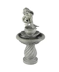 LuxenHome Gray Resin Cherub Birdbath Outdoor Patio Fountain