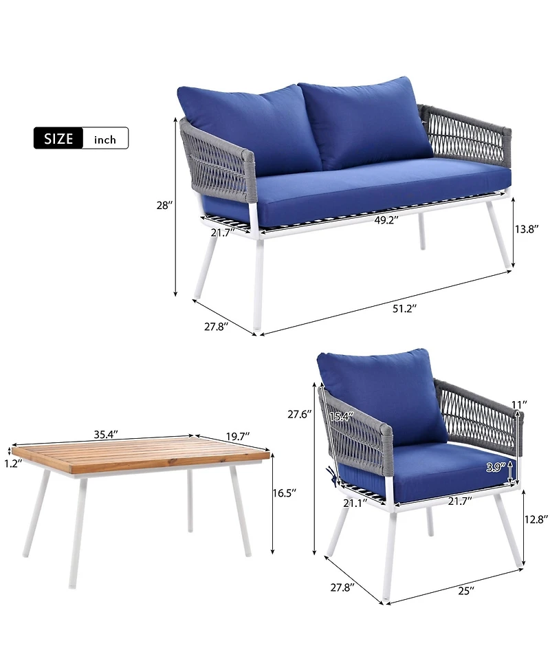 Outdoor 4-Piece Boho Rope Patio Furniture Set with Acacia Wood Table, Patio Conversation Set with Deep Seating & Thick Cushion