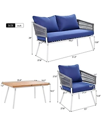 Outdoor 4-Piece Boho Rope Patio Furniture Set with Acacia Wood Table, Patio Conversation Set with Deep Seating & Thick Cushion