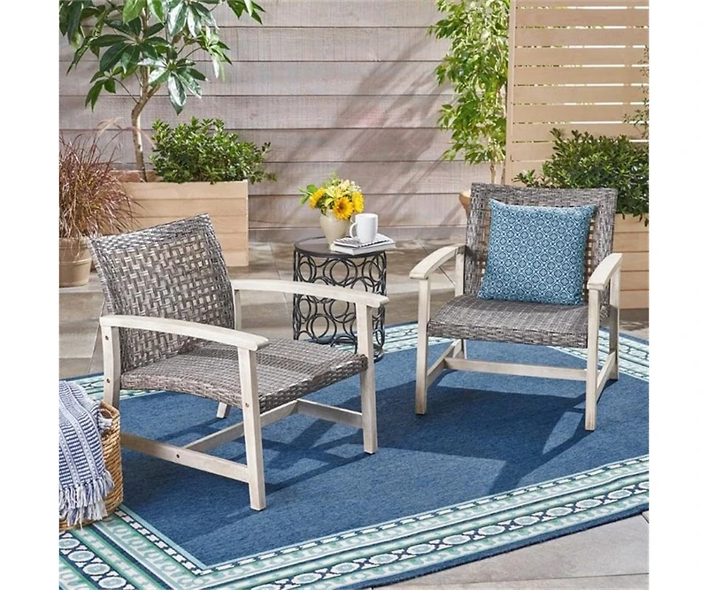 Hampton Light Gray Wood and Mixed Black Faux Rattan Armed Outdoor Patio Lounge Chair (2-Pack)
