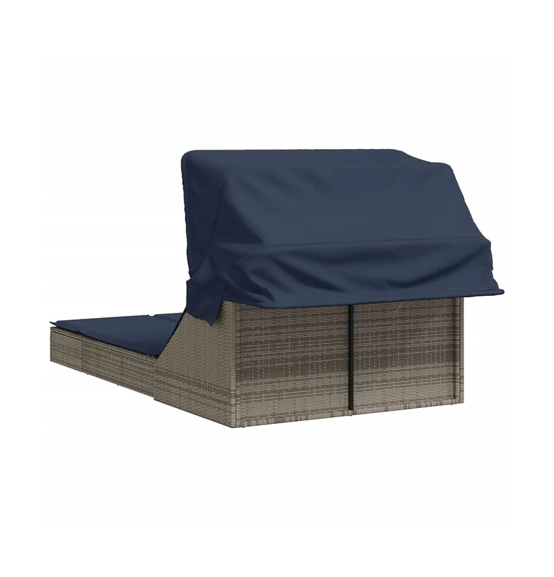 Double Sun Lounger with Canopy and Cushions Gray Poly Rattan