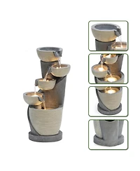 LuxenHome Gray Cascading Bowls and Column Resin Outdoor Fountain with Led Lights