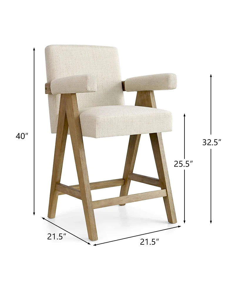 Upholstered Counter Height Stool with Arms, 25.5" Solid Wood Chair for Kitchen Island or Home Bar-Maison Boucle