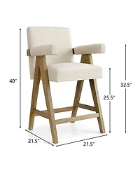 Upholstered Counter Height Stool with Arms, 25.5" Solid Wood Chair for Kitchen Island or Home Bar-Maison Boucle