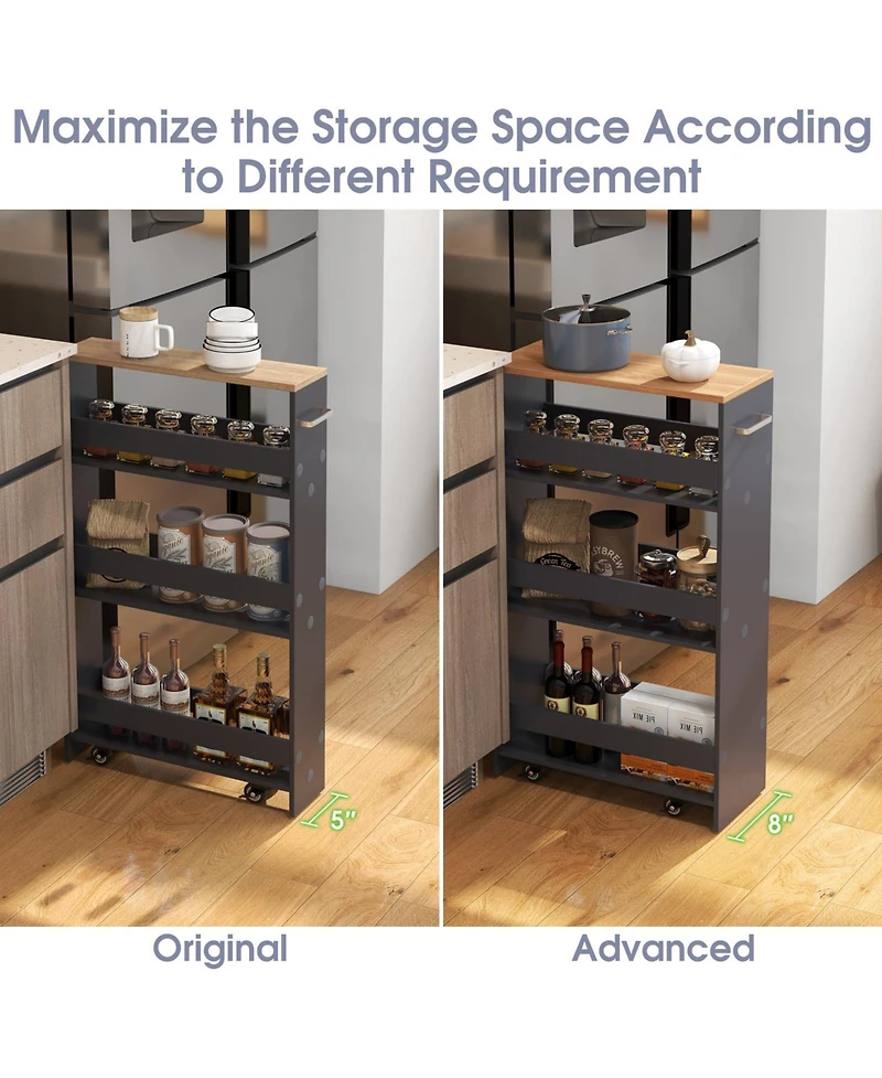 4-Tier Rolling Storage Cart Slim Kitchen Cart on Wheels with Open Shelves and Handle