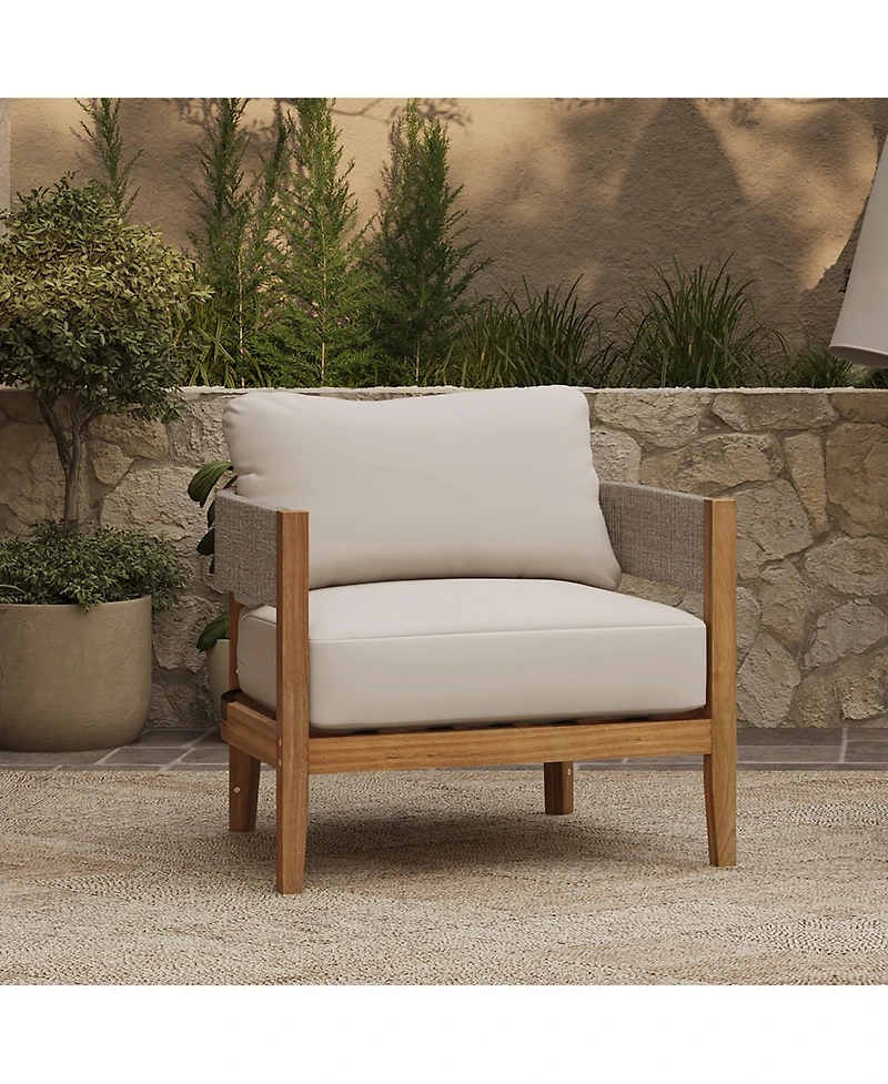 LuxenHome Outdoor Acacia Wood with Rope Sides Club Armchair with Cushions