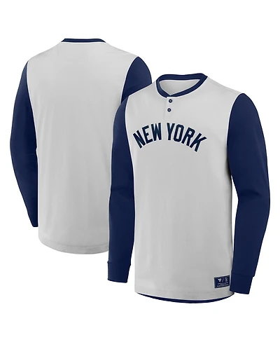 Fanatics Men's Gray/Navy New York Yankees Clubhouse Long Sleeve Henley Shirt