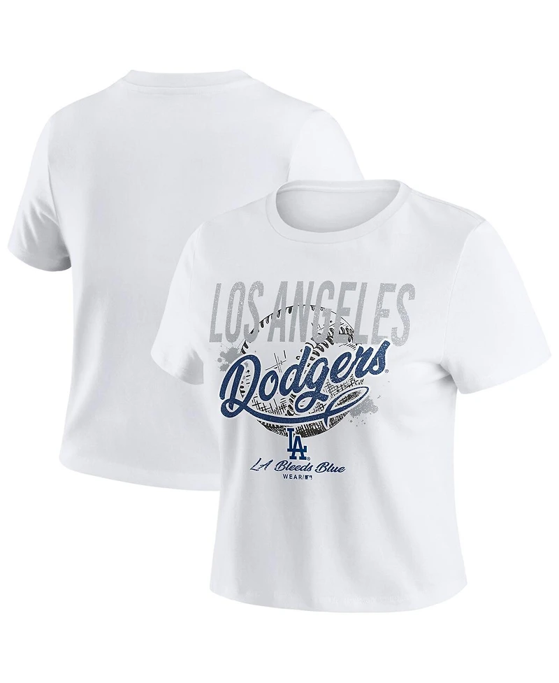 Wear by Erin Andrews Women's White Los Angeles Dodgers Distressed Cropped Baby T-Shirt