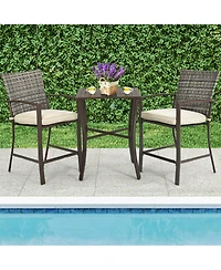 Gymax 3PCS Patio Bar Set Outdoor Conversation Furniture Set w/ Cushions
