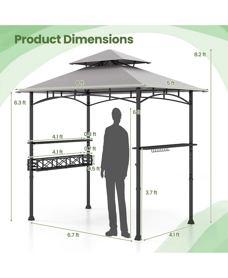 8 x 5 Ft Outdoor Grill Gazebo with 2 Side Shelves and 20 Hooks