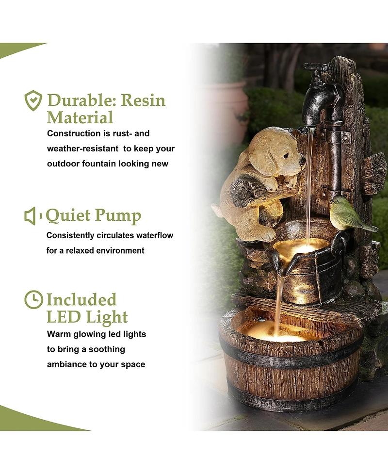 LuxenHome Puppy at the Farmhouse Faucet Resin Outdoor Fountain with Lights