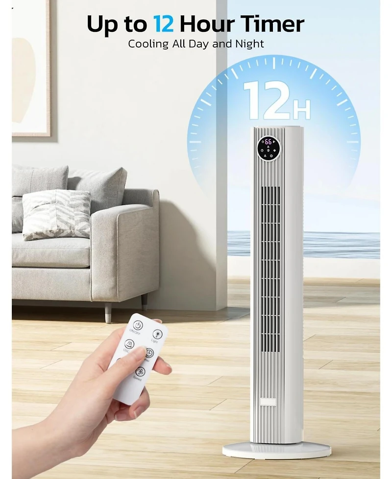 Cowsar Tower Fan for Bedroom, 90° Oscillating Fan with 12H Timer, 37”Standing Fans with Remote, Bladeless Fan with 4 Modes & 3 Speeds