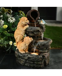 LuxenHome Puppy Rock Tower Farmhouse Resin Outdoor Fountain with Lights