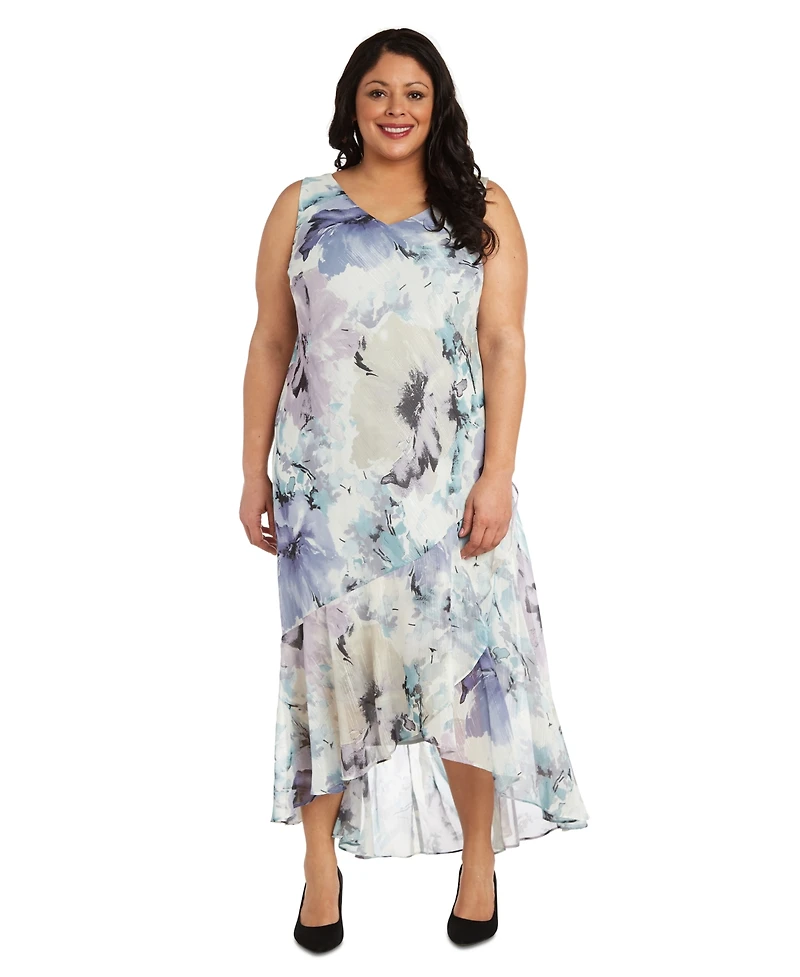 R & M Richards Plus Printed Sleeveless Midi Dress Cropped Jacket