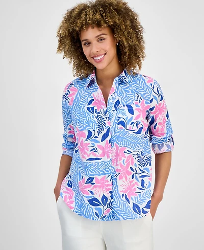 Charter Club Women's Printed 100% Linen Roll-Tab Shirt, Exclusively at Macy's
