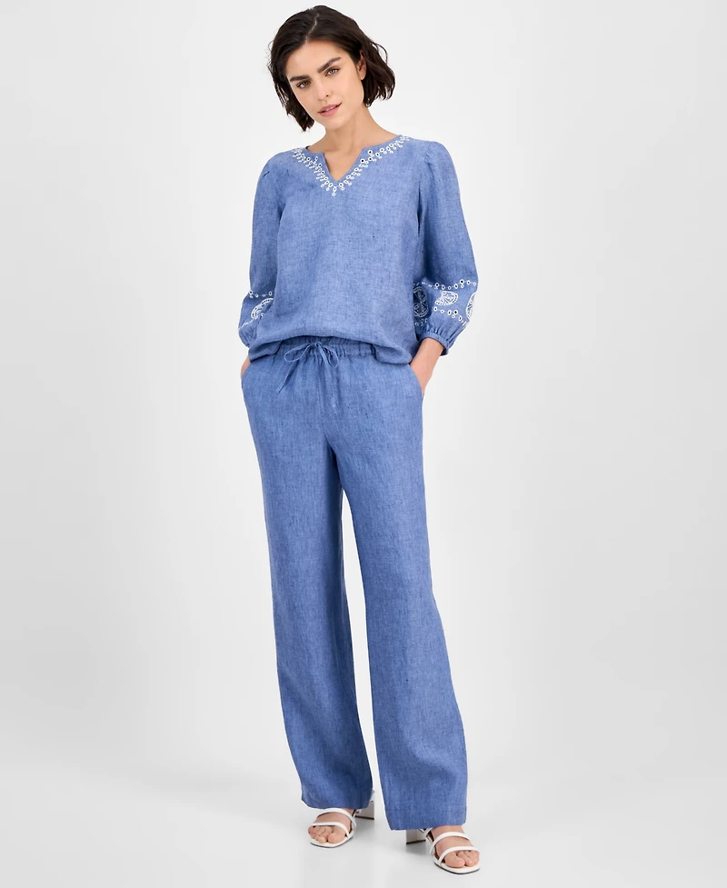 Charter Club Women's Embroidered 100% Linen Top, Exclusively at Macy's