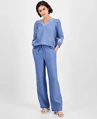 Charter Club Women's Embroidered 100% Linen Top, Exclusively at Macy's