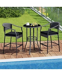 3-Piece Patio Rattan Bar Set Wicker Bar Height Armchairs & Round Table