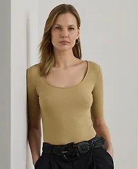 Lauren Ralph Women's Rib-Knit Cotton-Blend Elbow-Sleeve Tee