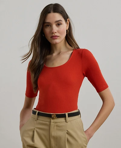 Lauren Ralph Lauren Women's Rib-Knit Cotton-Blend Elbow-Sleeve Tee