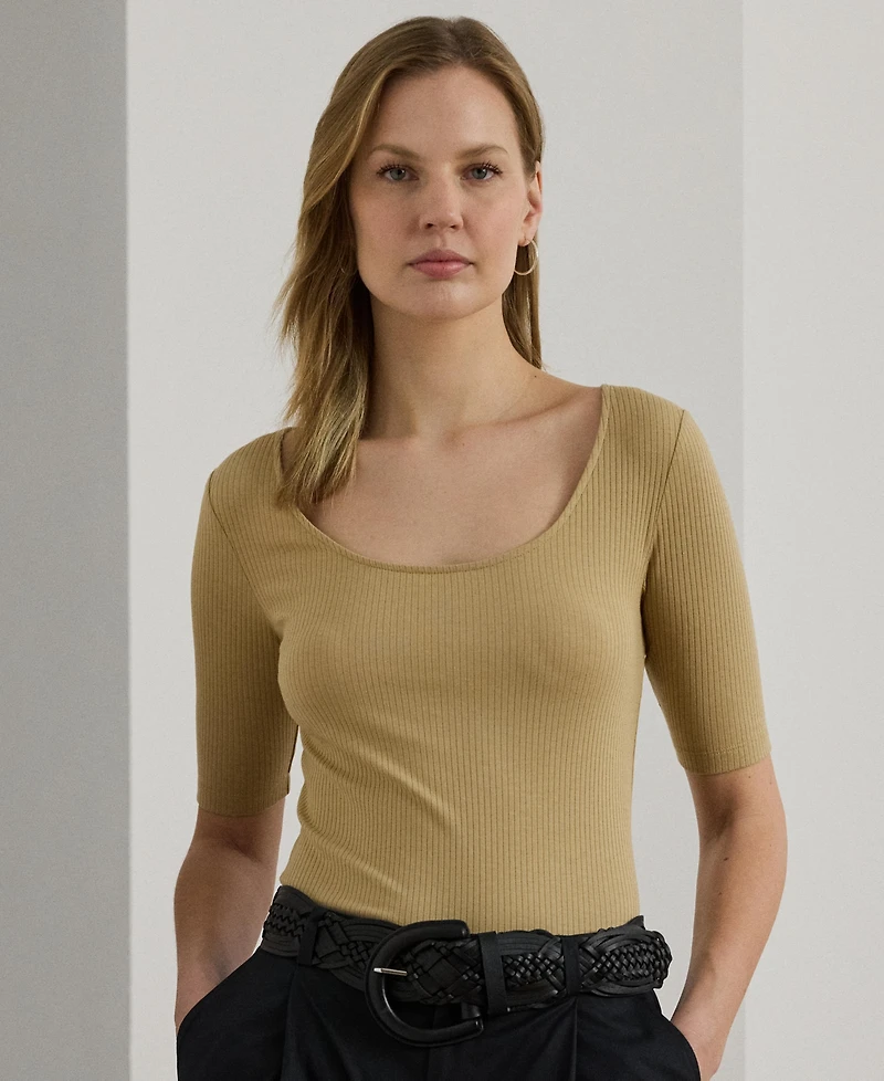 Lauren Ralph Women's Rib-Knit Cotton-Blend Elbow-Sleeve Tee