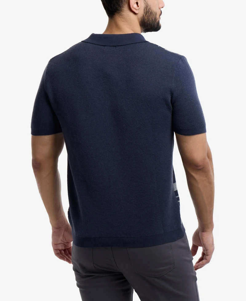 Spring + Mercer Men's Stripe Short Sleeve Sweater Polo Shirt