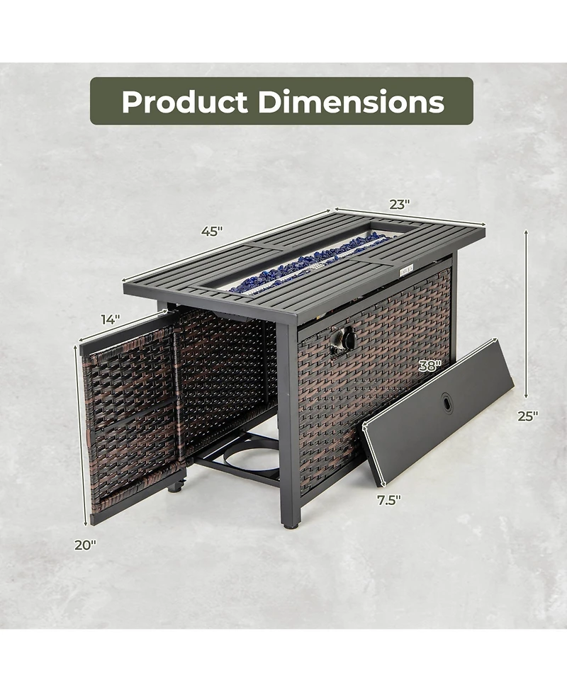Propane Rattan Firepit Table with Glass Stones and Protective Cover
