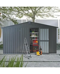 11 ft. W x 9 ft. D Dark Gray Metal Storage Shed with Windows, Utility Tool Storage Room with Lockable Door