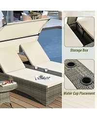Outdoor Daybed Rattan Sun Lounger with Shelter Roof with Adjustable Backrest, Storage Box and 2 Cup Holders