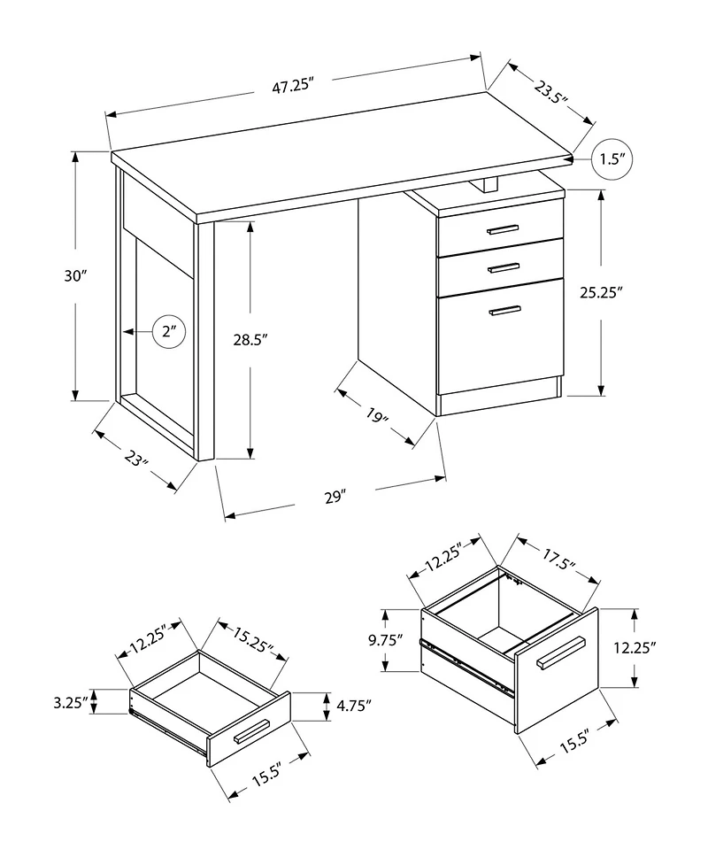 24" Grey and Black Computer Desk With Three Drawers