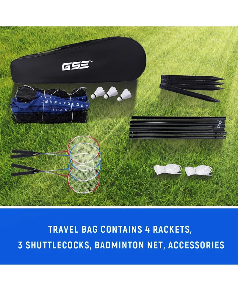 Recreational Badminton Complete Set with Portable Badminton Net, 4 Badminton Rackets, 3 Shuttlecocks & Carrying Bag