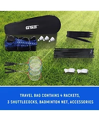Recreational Badminton Complete Set with Portable Badminton Net, 4 Badminton Rackets, 3 Shuttlecocks & Carrying Bag