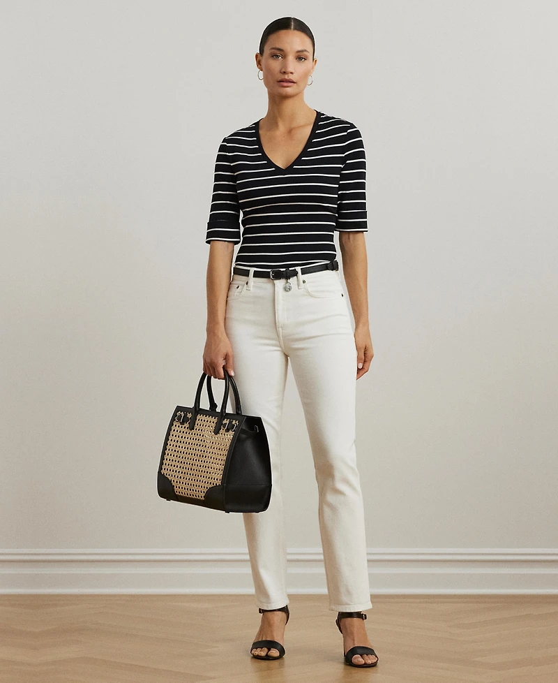 Lauren Ralph Women's Striped Cotton Elbow-Sleeve V-Neck Tee
