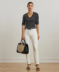 Lauren Ralph Women's Striped Cotton Elbow-Sleeve V-Neck Tee