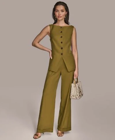 Donna Karan New York Womens Linen Blend Button Front Vest Belted Pants Regular Petite