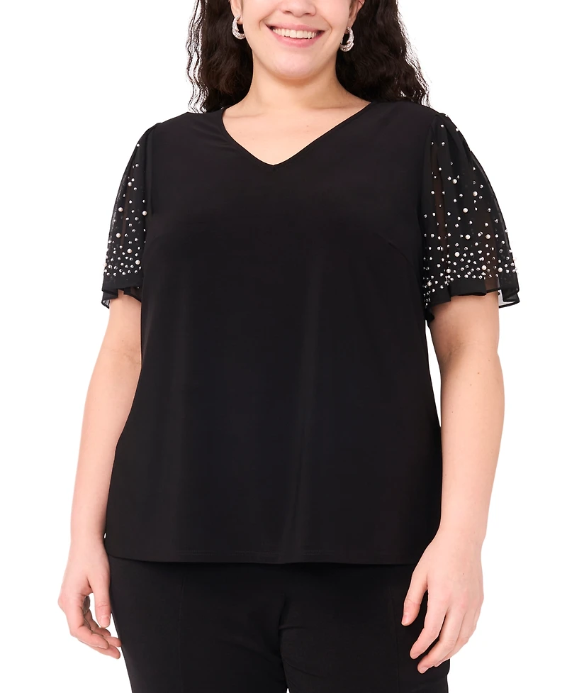 Msk Plus Size V-Neck Combo Short-Sleeve Evening Top
