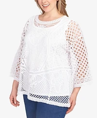 Ruby Rd. Plus Floral Blocked Crochet Crew Neck Top