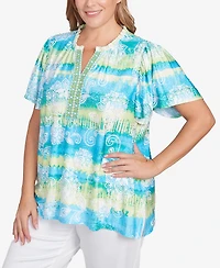 Ruby Rd. Plus Batik Embroidered Tie Dye Puff Print Top