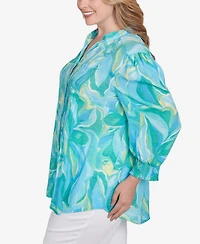Ruby Rd. Plus Abstract Tropical Silky Button Front Top